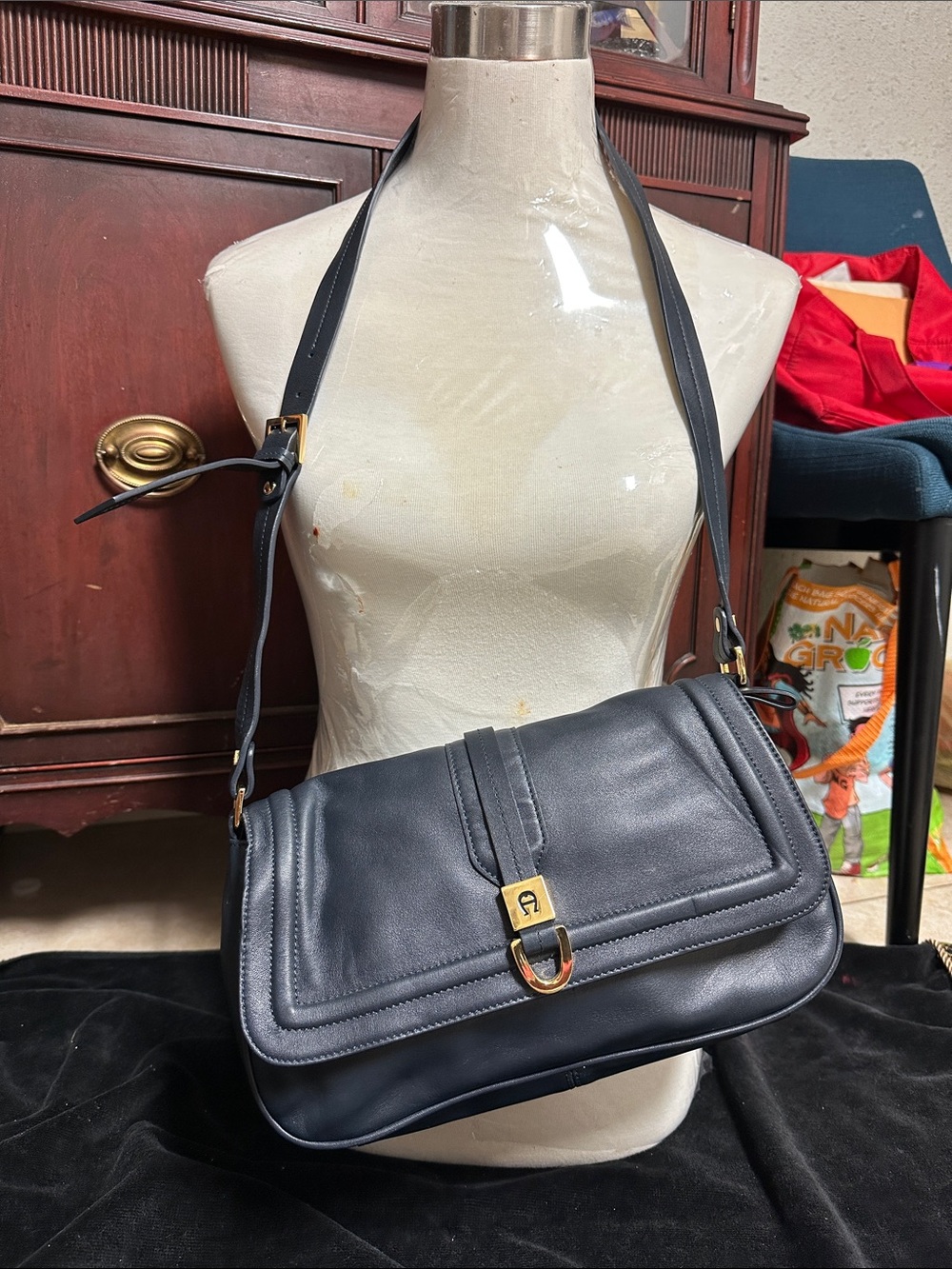 Etienne Aigner Black Leather Shoulder Bag with Gold Hardware
